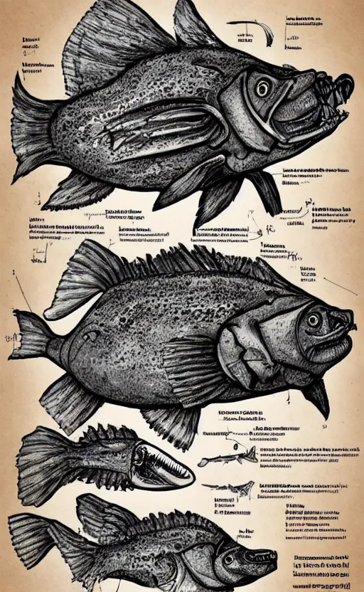 Image similar to a page of anglerfish anatomy illustration, highly detailed
