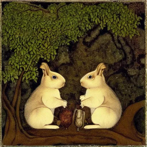Image similar to two squirrels sitting in a tree, a rabbit sits underneath the tree, in the style of john bauer