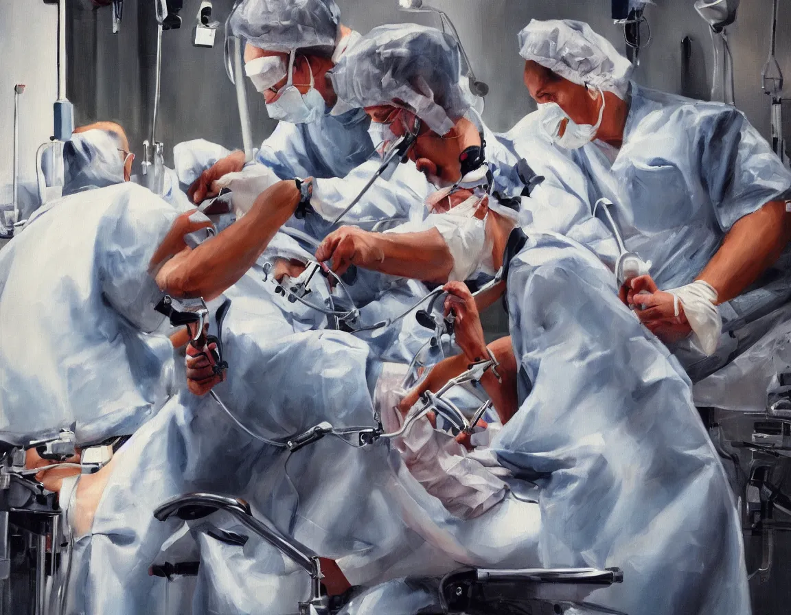 Prompt: doctor operating on a knee using zimmer biomet rosa knee, operating room, oil painting