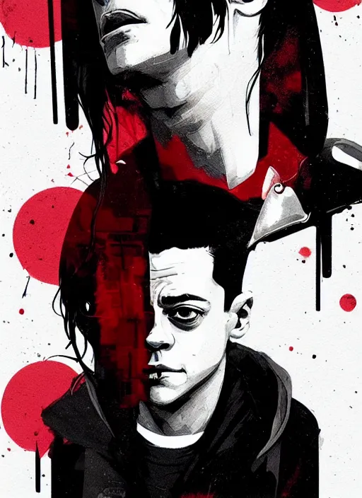 Image similar to highly detailed closeup art portrait of rami malek, elliot alderson, black hoody by atey ghailan, by greg rutkowski, by greg tocchini, by james gilleard, by joe fenton, by kaethe butcher, gradient red, black and white color scheme, grunge aesthetic!!! ( ( graffiti tag wall background ) )