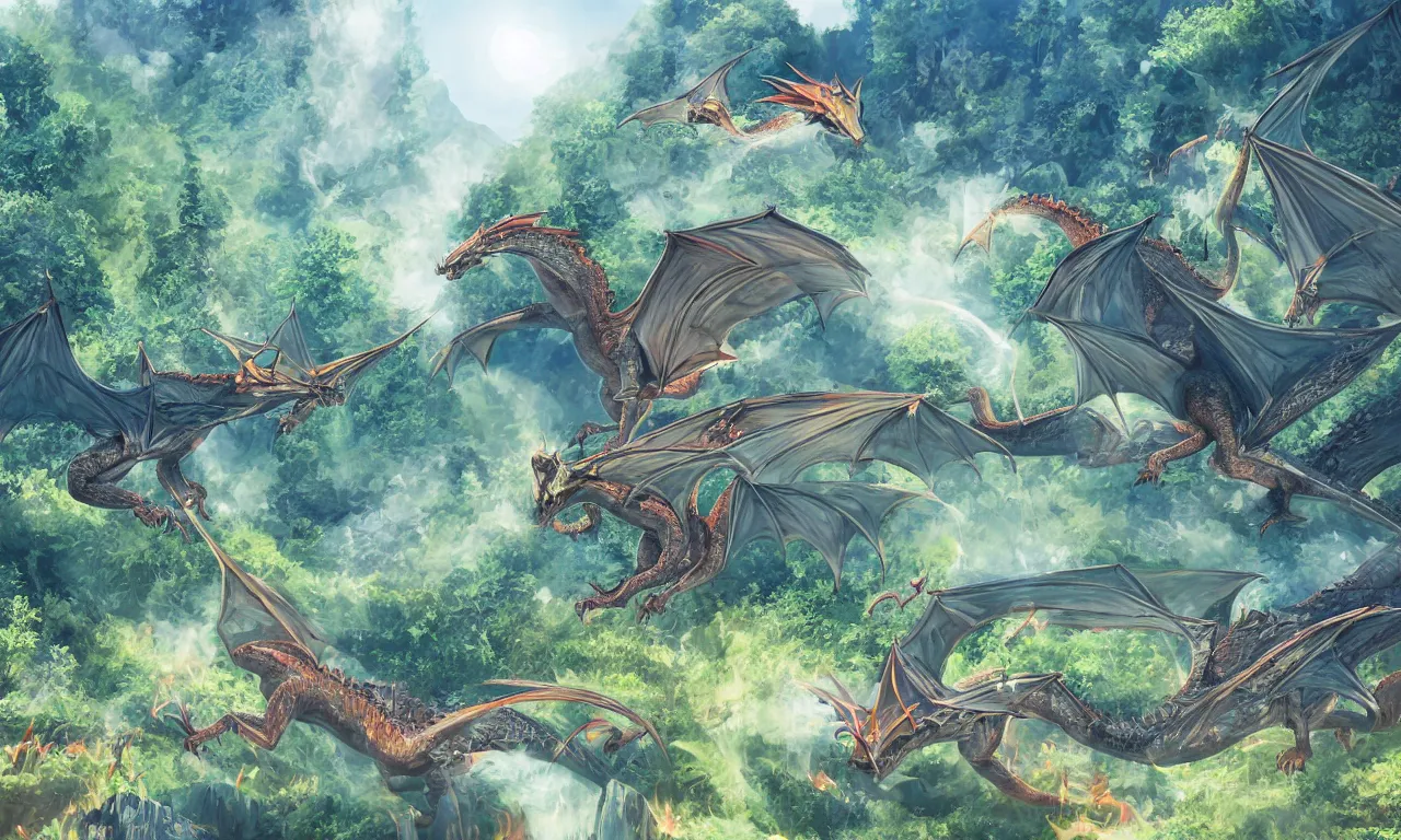 Prompt: summer, chilling dragons, forested hills and interconnected high speed rails, digital art, 3 d illustration, transparent backround