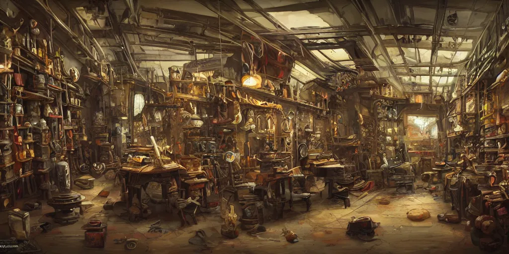 Prompt: Inside an old Weapon Shop, fantasy vendor interior, wide angle, highly detailed, rich bright colors, trending on artstation