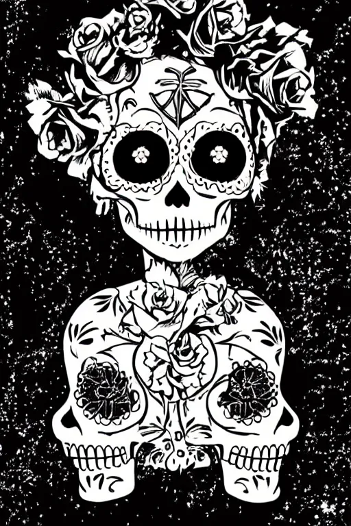 Image similar to illustration of a sugar skull day of the dead girl, art by mike mignola