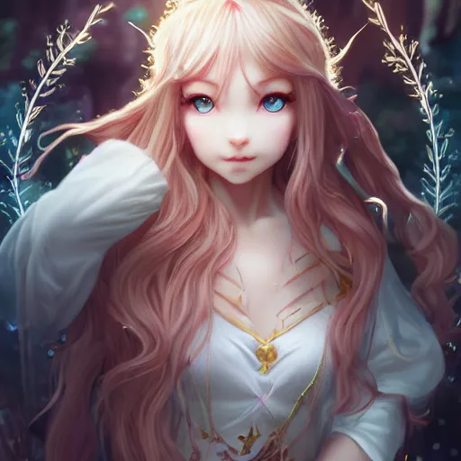 Prompt: happy elven bunny!!! in the temple, mmmmim, fancy silver runes, intricate braided hair, plump body, manga panel by kosuke kurose, soft lighting, highly detailed face, cozy atmosphere, sharp focus, artstation, secret of mana, sophie anderson, arnold armitage, loish