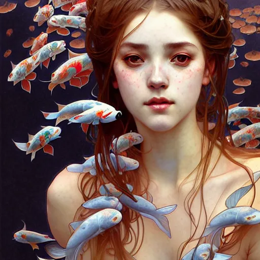 Image similar to Portrait of a girl surrounded by Koi fish, face, fantasy, intricate, elegant, highly detailed, digital painting, artstation, concept art, smooth, sharp focus, illustration, art by Krenz Cushart and Artem Demura and alphonse mucha