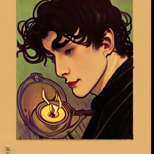 Image similar to painting of young cute handsome beautiful dark medium wavy hair man in his 2 0 s named shadow taehyung and cute handsome beautiful min - jun together at the halloween! party, bubbling cauldron!, candles!, smoke, autumn! colors, elegant, wearing suits!, clothes!, delicate facial features, art by alphonse mucha, vincent van gogh, egon schiele