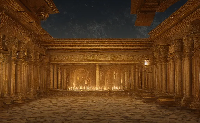 Prompt: inside a marble temple with torches at night, digital art, masterpiece, 4k