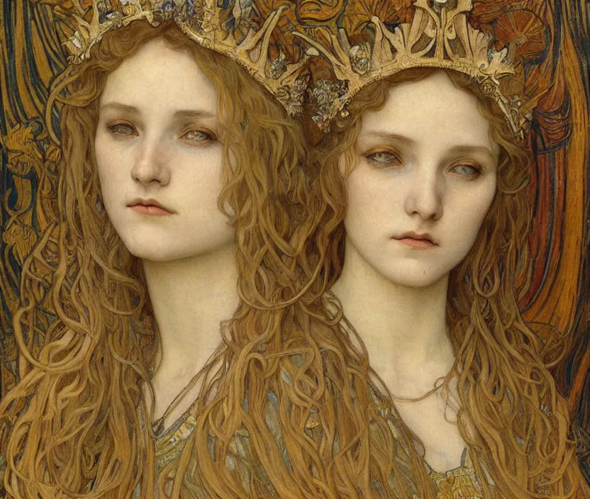Image similar to detailed realistic beautiful young medieval queen face portrait by jean delville, alphonse mucha, vincent van gogh, and marco mazzoni, art nouveau, symbolist, visionary, gothic, pre - raphaelite