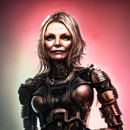 Prompt: michelle pfeiffer portrait, dystopia core, apocalyptic, armor, warrior, dramatic, sharp focus, fiction, neon, fantasy, hyper detailed, digital art, trending in artstation, cinematic lighting, studio quality, smooth render, unreal engine 5 rendered, octane rendered, art style and nixeu and wlop and krenz cushart