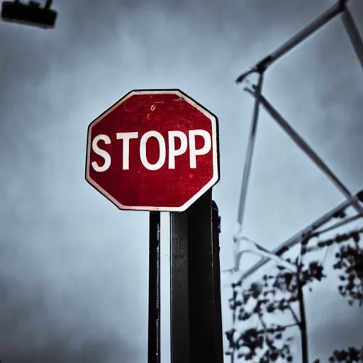 Prompt: stop sign in a dystopian city