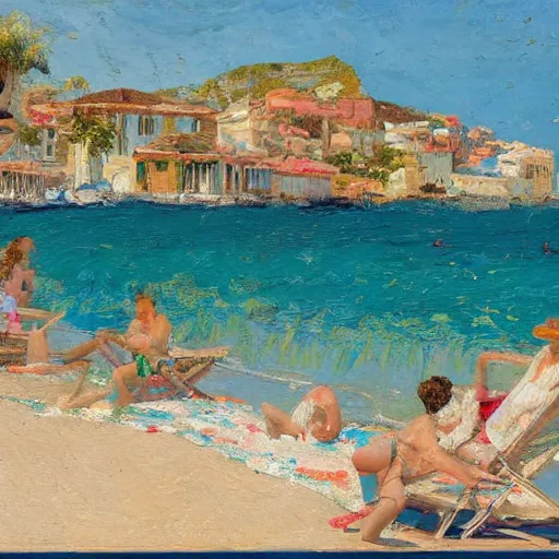 Image similar to rich and indulgent oil paint impasto reliefs, happy italian beach scene, an artwork by charles w. bartlett and jackson pollack and colin campbell cooper