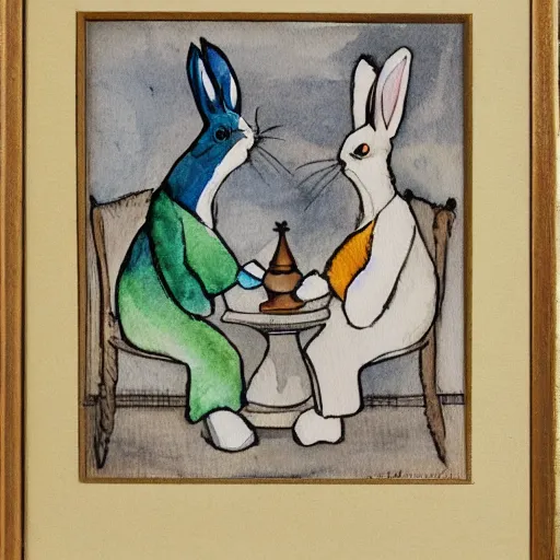 Image similar to two rabbits playing chess, watercolour realism