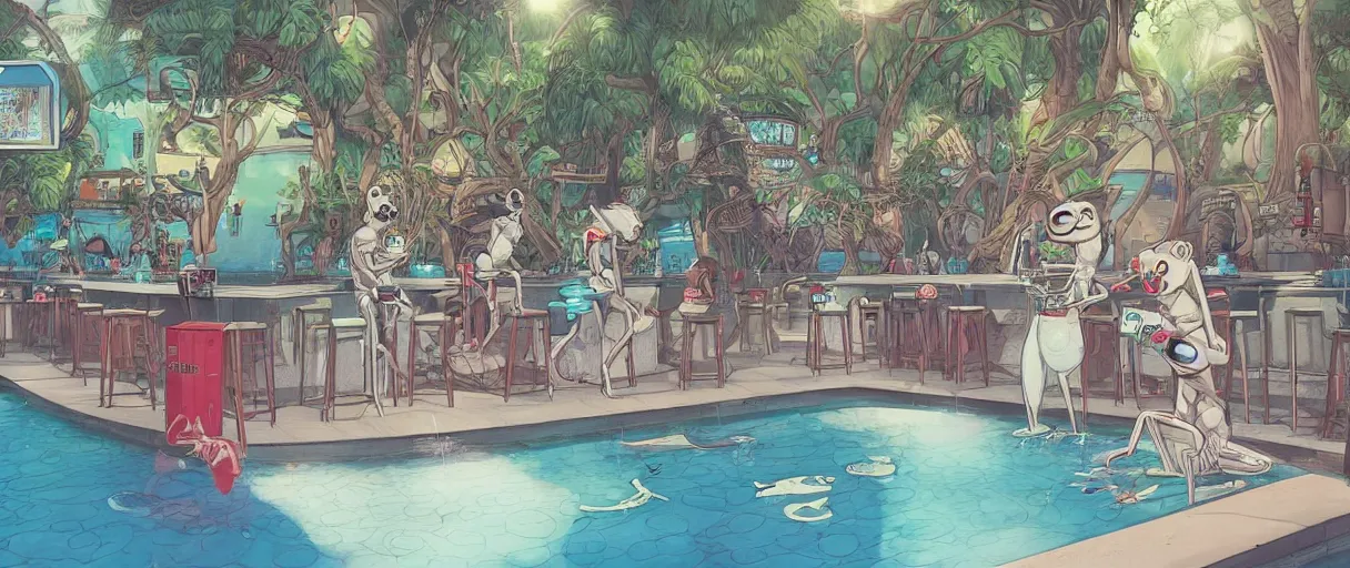 Prompt: a beautiful illustration of a strange anthropomorphic android monkeys having drinks at an outside pool bar by James Jean | comic book:.7 | unreal engine:.3