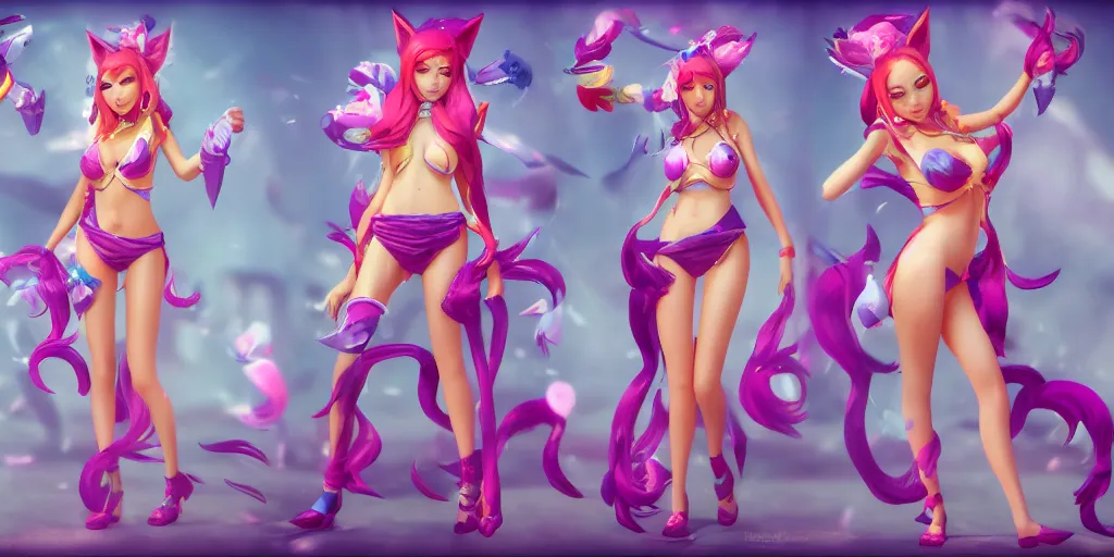 Image similar to Character sheet of gorgeous pool party ahri (League of Legends). 3d octane render trending on artstation