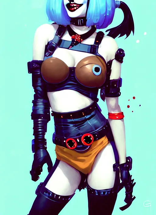 Image similar to portrait of cute goth harley quinn in cyber bikini armor, warhammer, cyberpunk, by atey ghailan, by greg rutkowski, by greg tocchini, by james gilleard, by joe fenton, by kaethe butcher, by gustav klimt, dynamic lighting, gradient light blue, brown, blonde cream and white color in scheme, grunge aesthetic