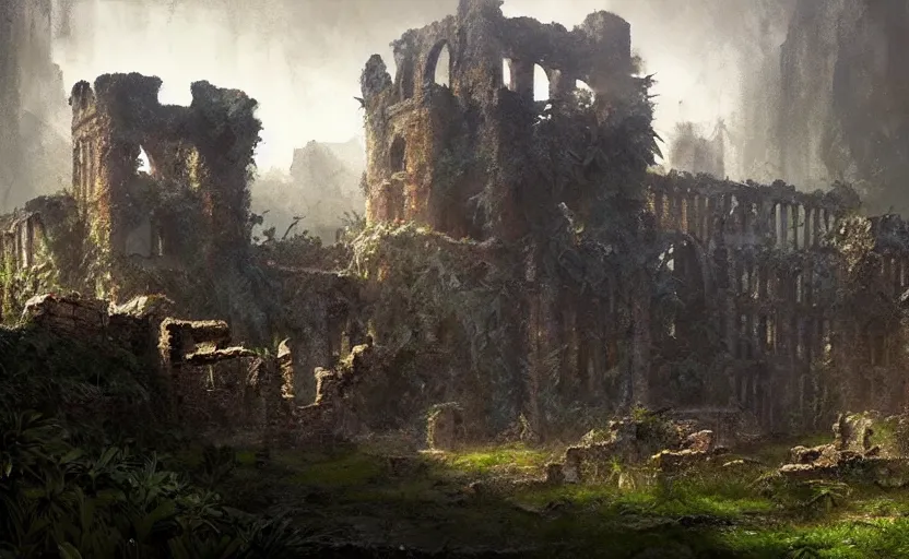 Image similar to ruins of an old castle covered by plants with moody and cinematic lighting by greg ruthkowski and craig mullins, cinematic and atmospheric, concept art, artstation, trending on artstation