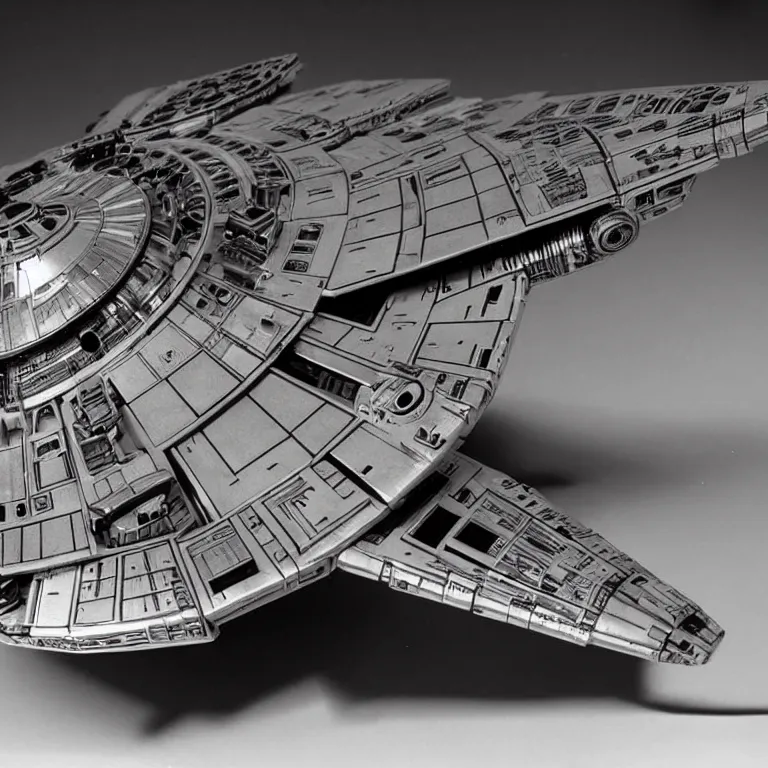 Prompt: model millenium falcon on a stand, 1 9 8 0 s, product shot, shiny, reflective, studio photo, side show collectibles, realistic