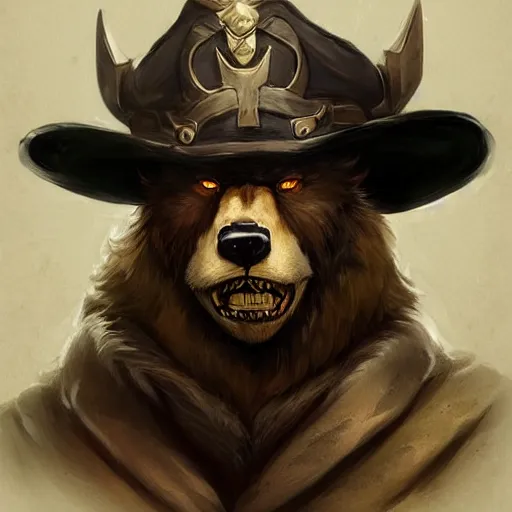 Image similar to dashing charming grinning charismatic bear beast-man rogue, wearing captain's tricorne hat, naval background, amazing, lifelike award winning pencil illustration trending on art station artgerm Greg rutkowski cinematic