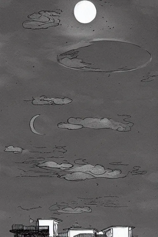 Prompt: seaside modern building, night, moon in sky encircled by clouds, heavy ink!!!!!!! mike mignola