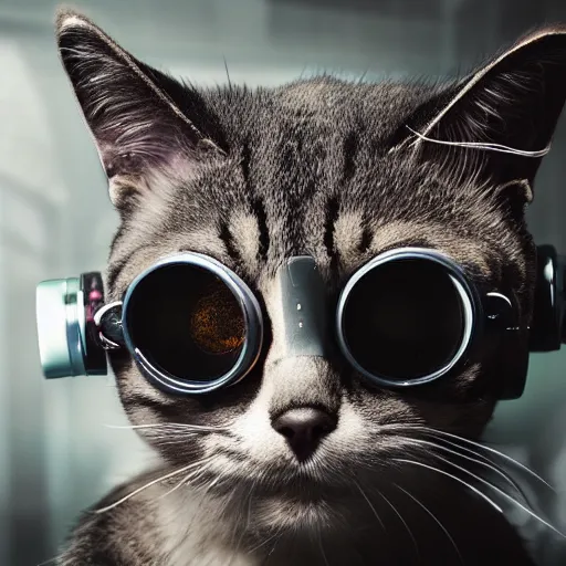 Image similar to portrait of a cute cyberpunk cat, realistic, futuristic, robot, professional photography