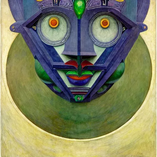 Prompt: the robot queen wearing her bird mask, by annie swynnerton and diego rivera and elihu vedder and lucien freud and jean delville, symbolist, dramatic lighting, elaborate geometric ornament, head and shoulders view, art brut, soft greens and blues and purples, smooth, sharp focus, extremely detailed, adolf wolfli, leo and diane dillon