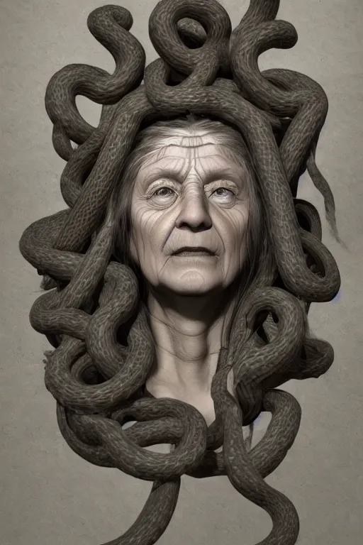 Image similar to portrait of Medusa from Greek mythology, as an old mean woman, with snakes for hair, 3d render, digital art, photo-realistic