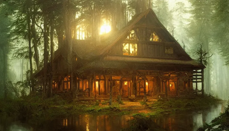 Image similar to a beautiful intricate painting of a log cabin in a dark evil fantasy forest, reflections, very high details by william turner art, greg rutkowski and alphonse mucha, trending on artstation, very very detailed, masterpiece,