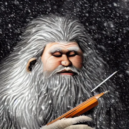 Image similar to a high detailed realistic photo of a long haired yeti writing on parchment with a quill in a windy snowstorm with fur being blown in the wind