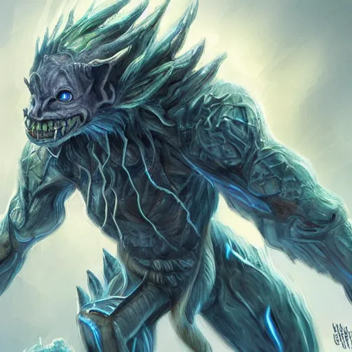 Image similar to a highly detailed goblin with grey skin and blue eyes that glow, made of wind, like magic the gathering, goblin chainwalker,, digital art, by christopher rush