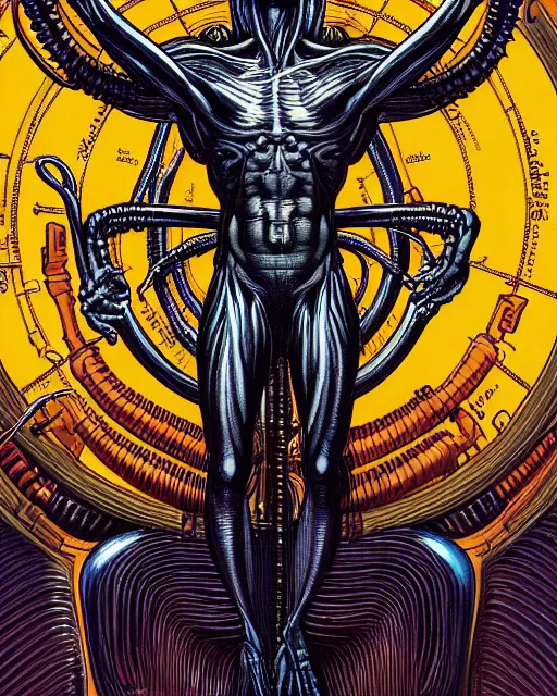 Image similar to space xenomorph as vitruvian man by james jean and moebius, ultra wide angle, full body, no crop, golden ratio, hyper details