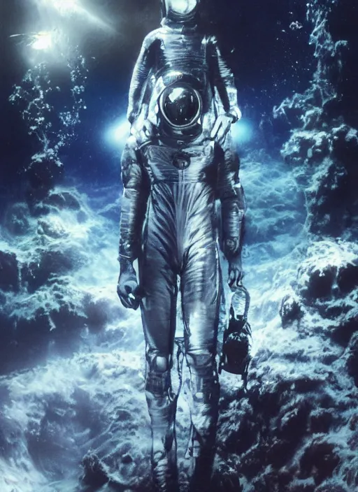 Image similar to astronauts in dark and empty void underwater - complex and hyperdetailed technical suit. reflection and dispersion materials. rays and dispersion of light. volumetric light. 5 0 mm, f / 3 2. noise film photo. flash photography. ultra realistic, wide angle. poster by wayne barlowe, hajime sorayama aaron horkey, craig mullins