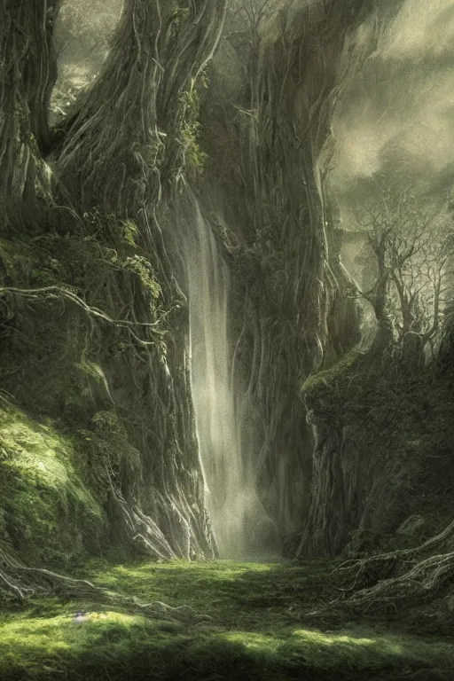 Image similar to Galadriel's glade, detailed matte painting, cinematic, Alan Lee, Artstation