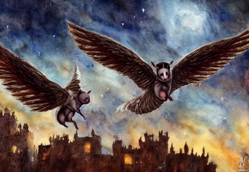 Image similar to the legendary glorious winged possum is flying over a medieval castle under the dark starred sky, dark fantasy, watercolor, dreaming illusion, highly detailed, 4k, trending on Artstation, award-winning