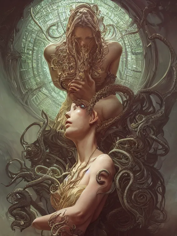 Image similar to cthulhu, d & d, fantasy, intricate, elegant, highly detailed, digital painting, artstation, concept art, wallpaper, smooth, sharp focus, illustration, art by artgerm and greg rutkowski and alphonse mucha