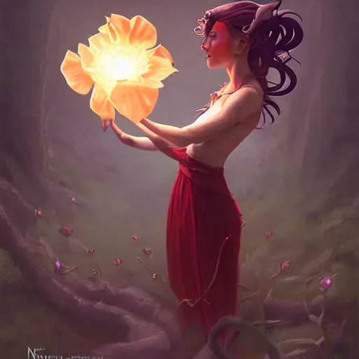 Prompt: tiefling woman with bent horns holding a glowing floating flower, petrichor, malady, art by fiona staples, art by james gurney, art by norman rockwell