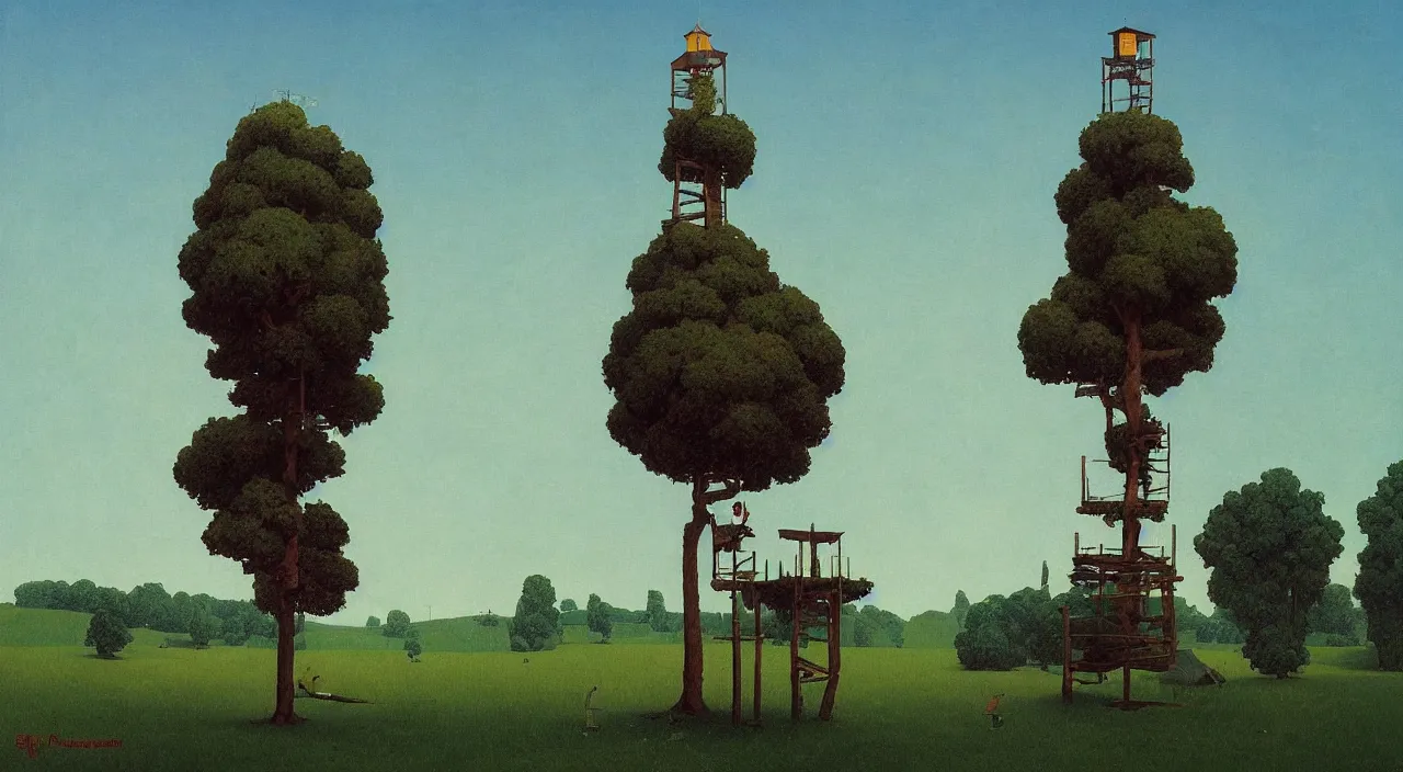 Prompt: single flooded simple wooden square tree tower!, very coherent and colorful high contrast!! masterpiece by rene magritte simon stalenhag carl spitzweg syd mead norman rockwell edward hopper james gilleard, minimalist, dark shadows, sunny day, hard lighting