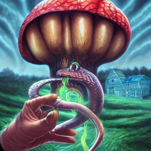 Image similar to A centered chest up portrait of a psychedelic demonic anthropomorphic snake smoking a hand-rolled cigarette smoking heavily , magic mushroom village in background , award winning. superb resolution. in the art style of junji Ito and greg rutkowski . Detailed Mushroom city in background. Hyper realistic anime. Perfect art. Dalle2