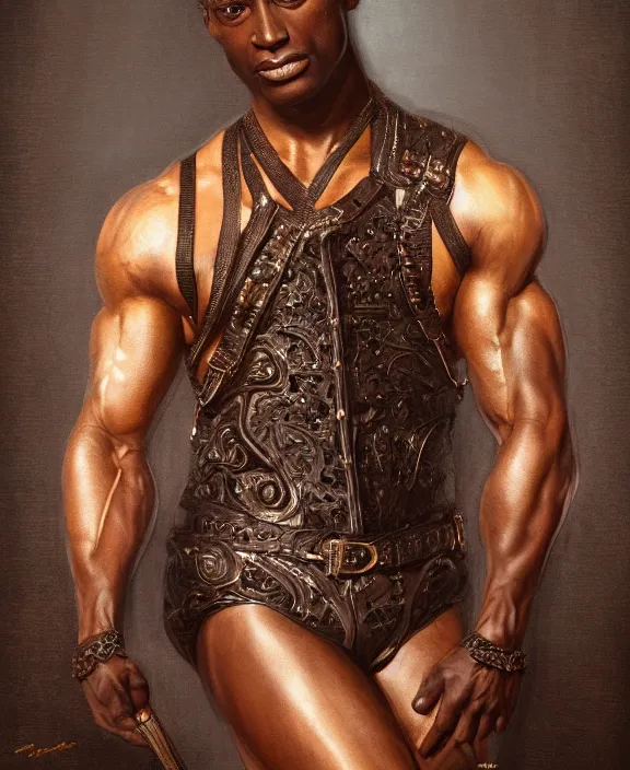 Prompt: a dark skinned muscular man wearing an intricate and detailed suspenders, glistening skin, honey birdette, realistic renaissance portrait, highly detailed, digital painting, artstation, concept art, smooth, sharp focus, cinematic lighting, art by john collier, artgerm and greg rutkowski and alphonse mucha and jacques louis david