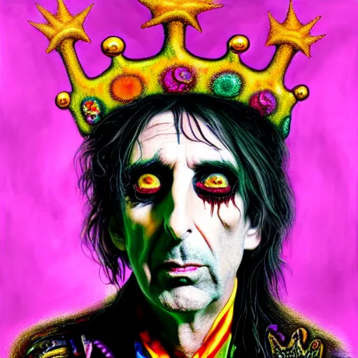Prompt: An extremely psychedelic portrait of Alice Cooper wearing a crown, surreal, LSD, face, detailed, intricate, elegant, lithe, highly detailed, digital painting, artstation, concept art, smooth, sharp focus, illustration