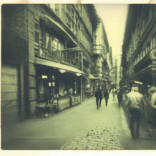 Prompt: a street level Polaroid of a steampunk city street, with people walking on the streets, at night