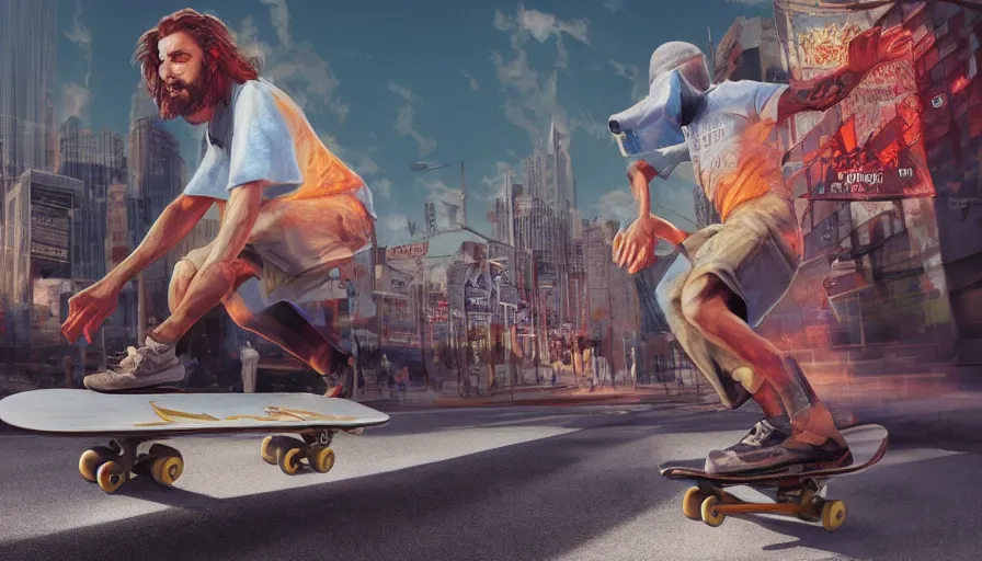 Image similar to jesus christ skateboarding, billboard image, hyperdetailed, artstation, cgsociety, 8 k