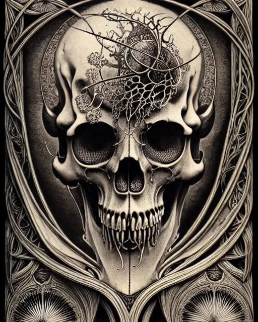 Image similar to art forms of nature by ernst haeckel, memento mori by arthur rackham, ornate antique porcelain beautiful skull mask, ultrasharp, photorealistic, hyperdetailed, octane render, polished, art nouveau, neo - gothic, gothic, intricate ornamental organic filigree, art nouveau botanicals, art forms of nature by ernst haeckel, horizontal symmetry, symbolist, visionary