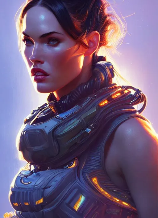 Image similar to portrait of apex legends megan fox, intricate, elegant, glowing lights, highly detailed, digital painting, artstation, glamor pose, concept art, smooth, sharp focus, illustration, art by artgerm and greg rutkowski, artey freytag