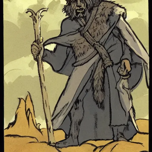 Image similar to A Half-orc Druid holding a wooden staff, wearing a grey fur robe, Mike Mignola