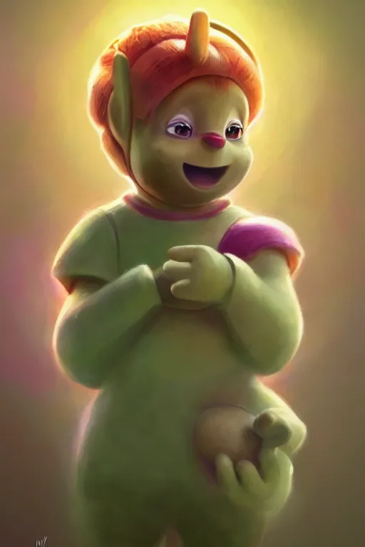 Image similar to teletubbies character portrait, intricate, elegant, highly detailed, digital painting, artstation, concept art, smooth, sharp focus, illustration, art by artgerm and greg rutkowski and alphonse mucha