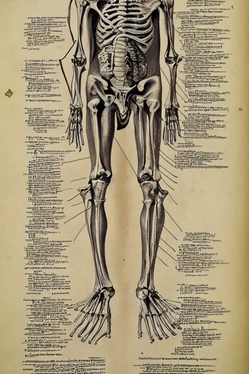 Prompt: victorian anatomical illustration of a human skeleton, photorealistic, diagram, intricate details