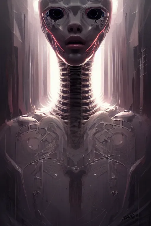 Image similar to professional concept art symmetrical portrait of a horror robotic nightmare species in deep dark room by artgerm and greg rutkowski. an intricate, elegant, highly detailed digital painting, abstraction, concept art, smooth, sharp focus, illustration, in the style of cam sykes.