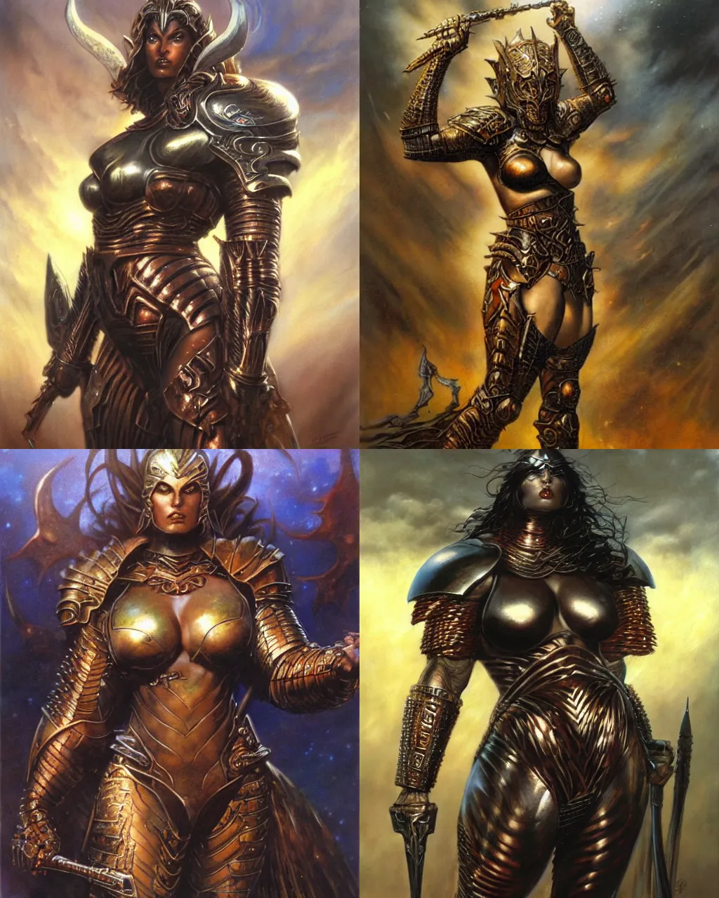 Prompt: a large powerful woman wearing copper armor, heavy looking, powerful scene, imposing presence, by greg staples and boris vallejo, hyperdetailed, realistic, dark skin, desert lands, sharp focus, soft lighting, centered