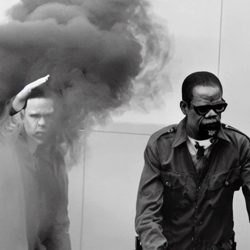 Image similar to samuel jackson getting arrested while exhaling a cloud of smoke, candid photography