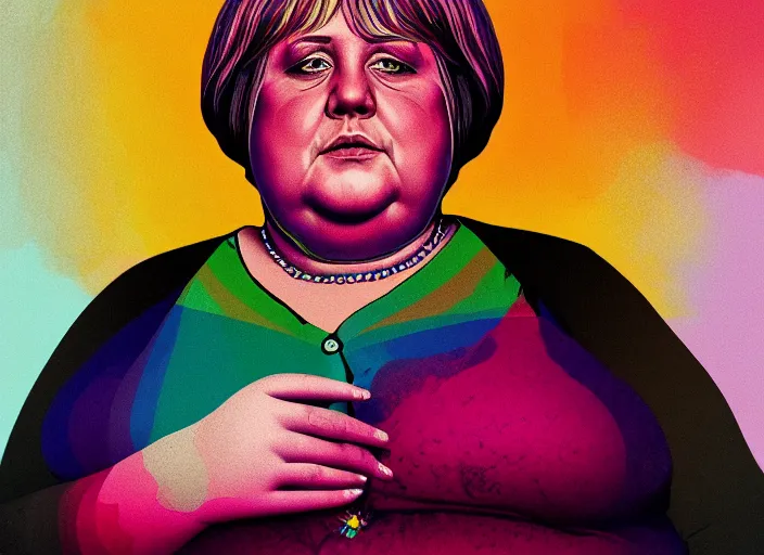 Prompt: A psychedelic portrait of very obese and fat angela merkel, vibrant color scheme, highly detailed, in the style of romanticism, cinematic, artstation, Moebius, Greg rutkowski